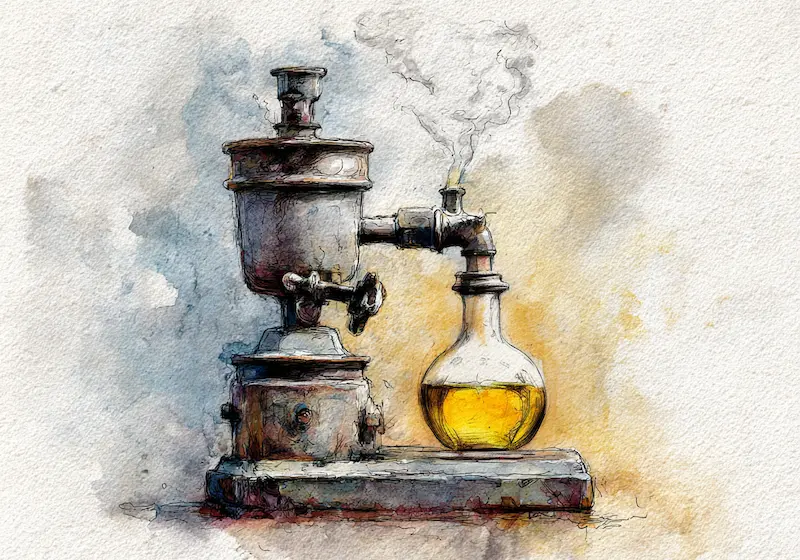 Illustration of a decarboxylation setup with vintage lab equipment heating hemp extract to activate CBD compounds