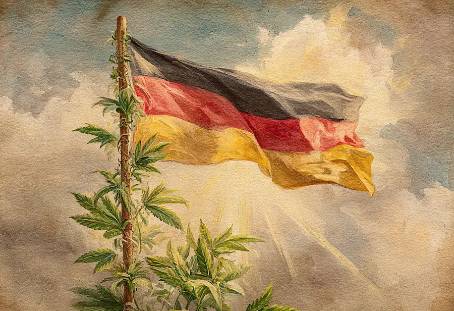 Regulations for selling CBD in Germany – German flag with hemp plant climbing pole in watercolour style