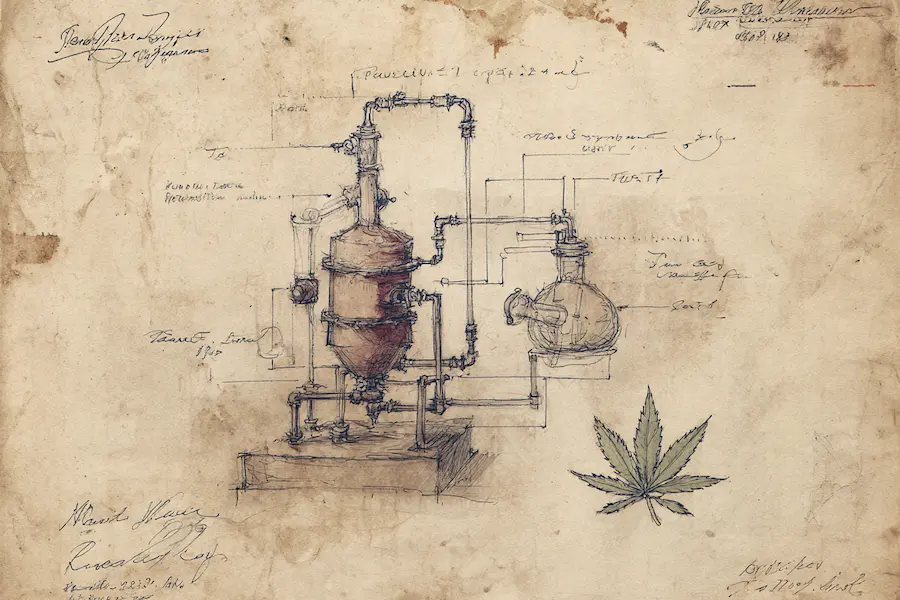Vintage-style technical sketch of a decarboxylation apparatus used in hemp CBD processing, with botanical cannabis illustration