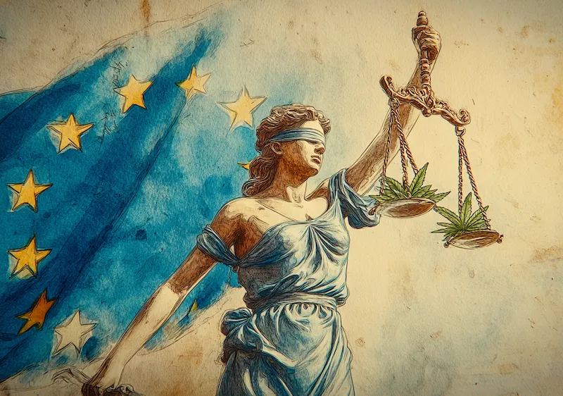 Is CBD legal in Europe – Lady Justice statue with EU flag and balanced hemp leaves in watercolour