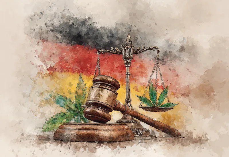 Is CBD legal in Germany – Watercolor of German flag with gavel, justice scale and hemp leaves