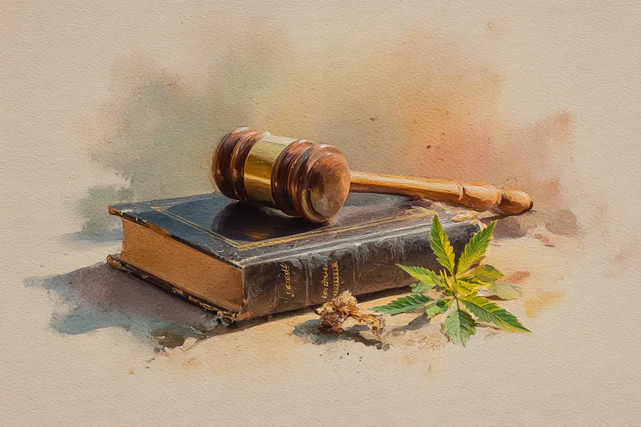 Legal status of CBD in Europe – judge’s gavel on law book beside hemp leaf in watercolor illustration