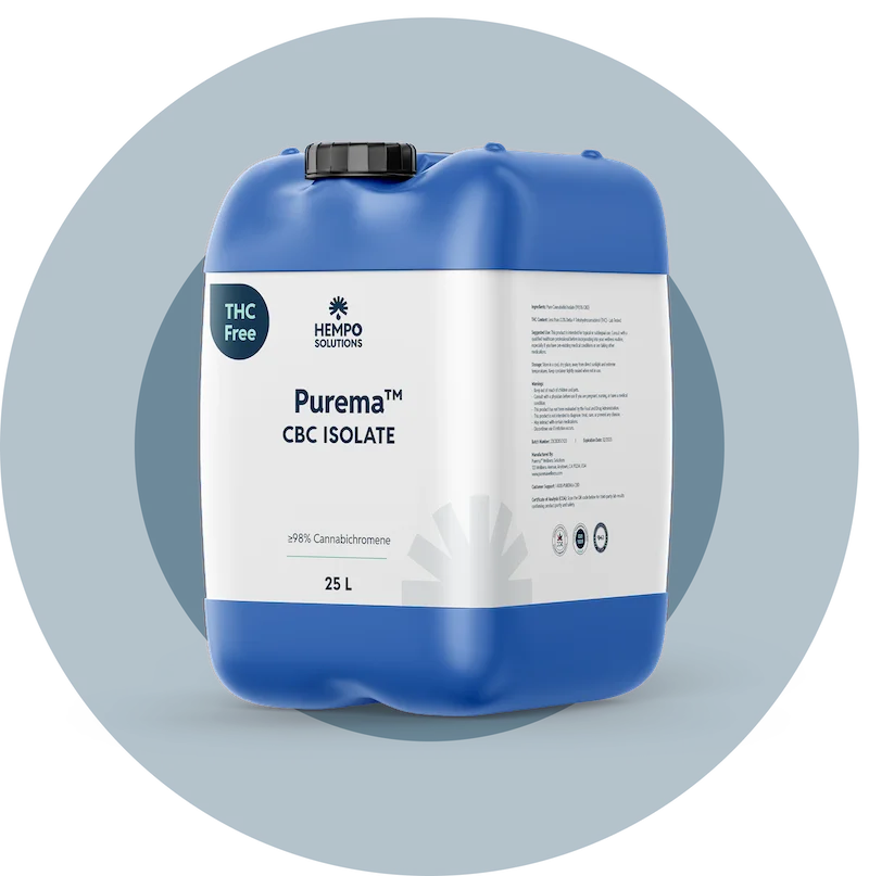 Key benefits of Purema CBC Isolate including ≥98% purity, oil format, and THC-free formulation