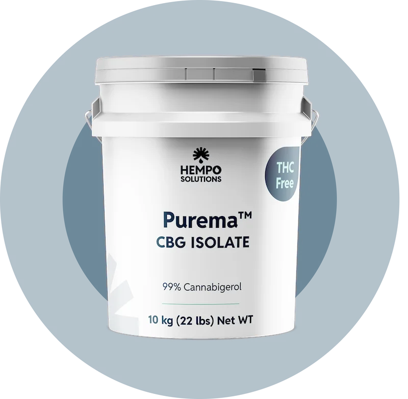 Key features of Purema CBG Isolate including 99% purity, no THC, and stable white crystalline form for precision formulations