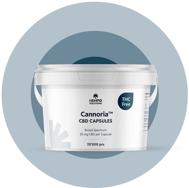 Bulk container of Cannoria broad-spectrum CBD capsules in vegan softgels, finished product for wholesale distribution