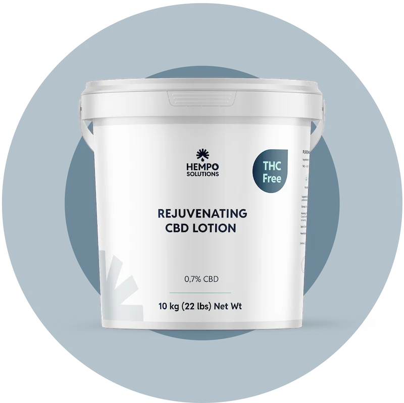 Bulk container of CBD body lotion with Purema isolate, lightweight formula enriched with botanicals for daily sensitive-skin care