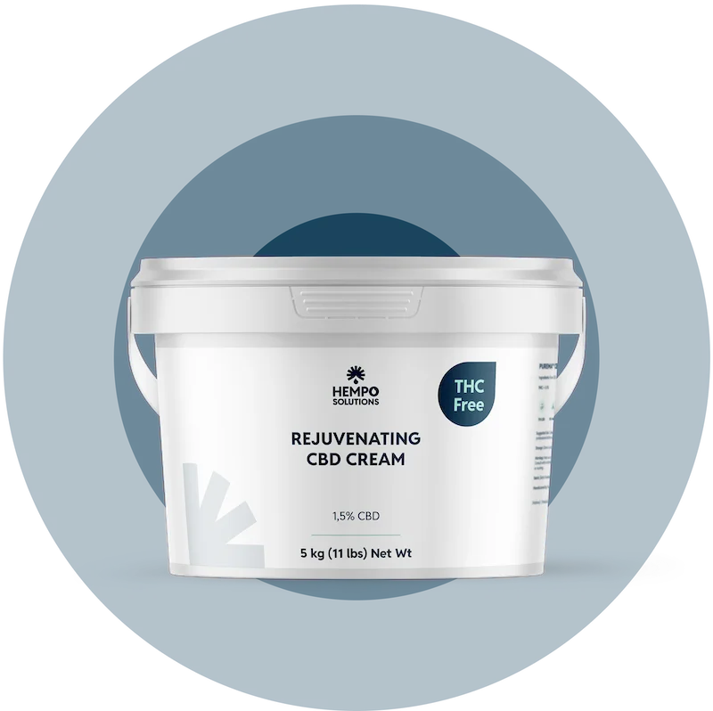 Bulk container of CBD face cream, formulated for sensitive skin with calming botanicals and lightweight hydration