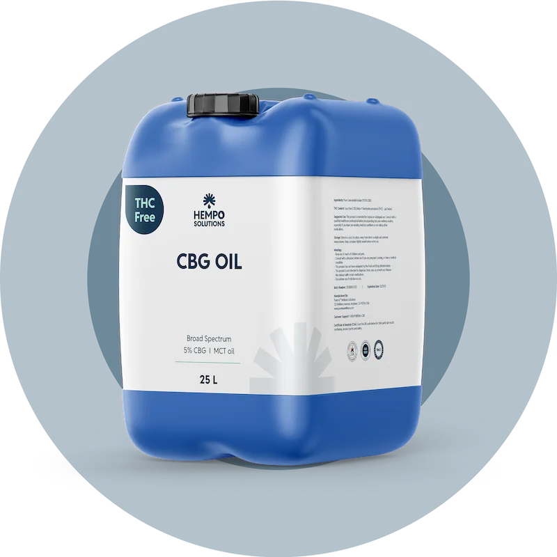Bulk jug of CBG oil from indoor-grown hemp, clean and stable extract with broad or full spectrum options for global use