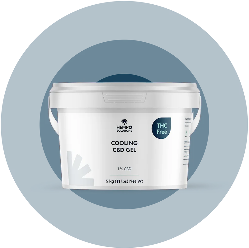 Bulk container of cooling CBD gel with menthol, arnica, and tea tree oil, fast-absorbing formula for localized relief and recovery