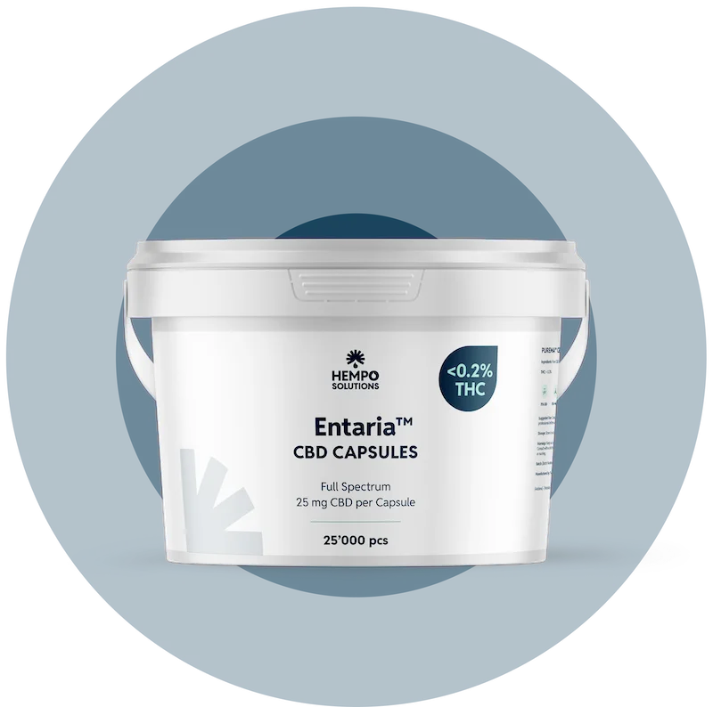 Bulk container of Entaria full-spectrum CBD capsules in vegan softgels, finished product for wholesale distribution