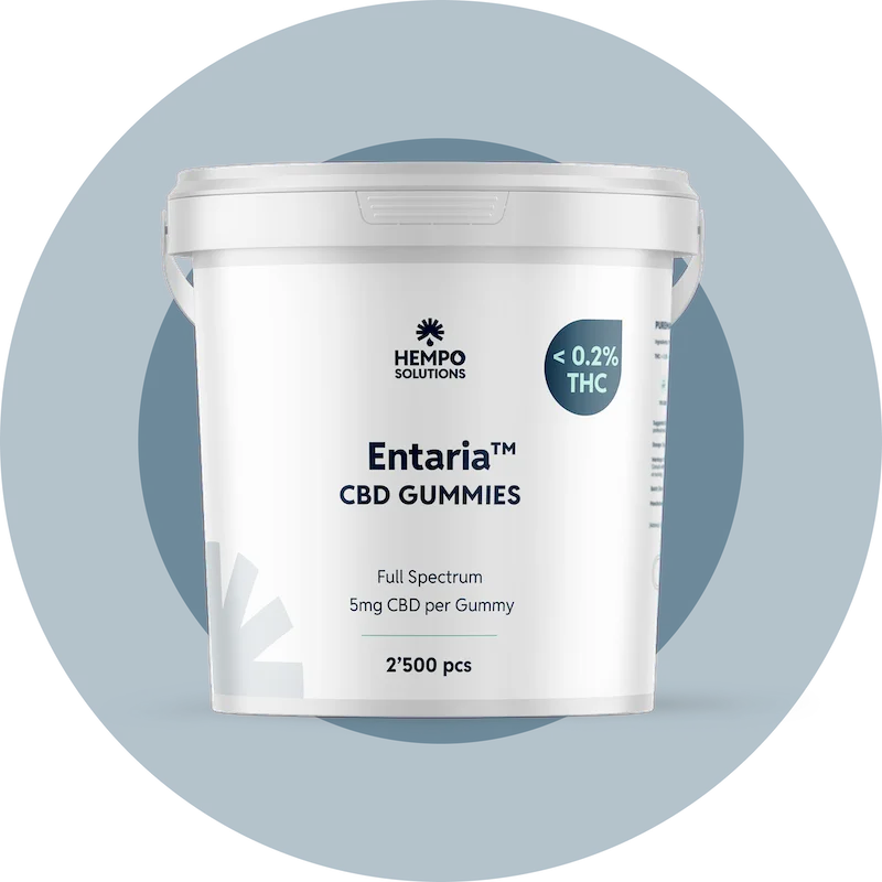 Bulk container of Entaria full-spectrum CBD gummies, finished product with customizable flavours and strengths for wholesale