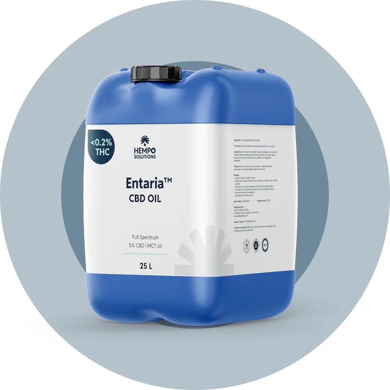 Bulk container of Entaria full-spectrum CBD oil, CO₂-extracted from proprietary indoor-grown hemp for terpene-rich formulations