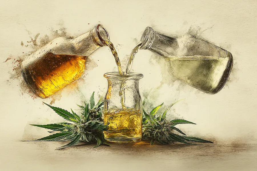 CBD oils being blended into a jar with cannabis leaves — symbolic of mixing MCT, hemp seed, and other carrier oils