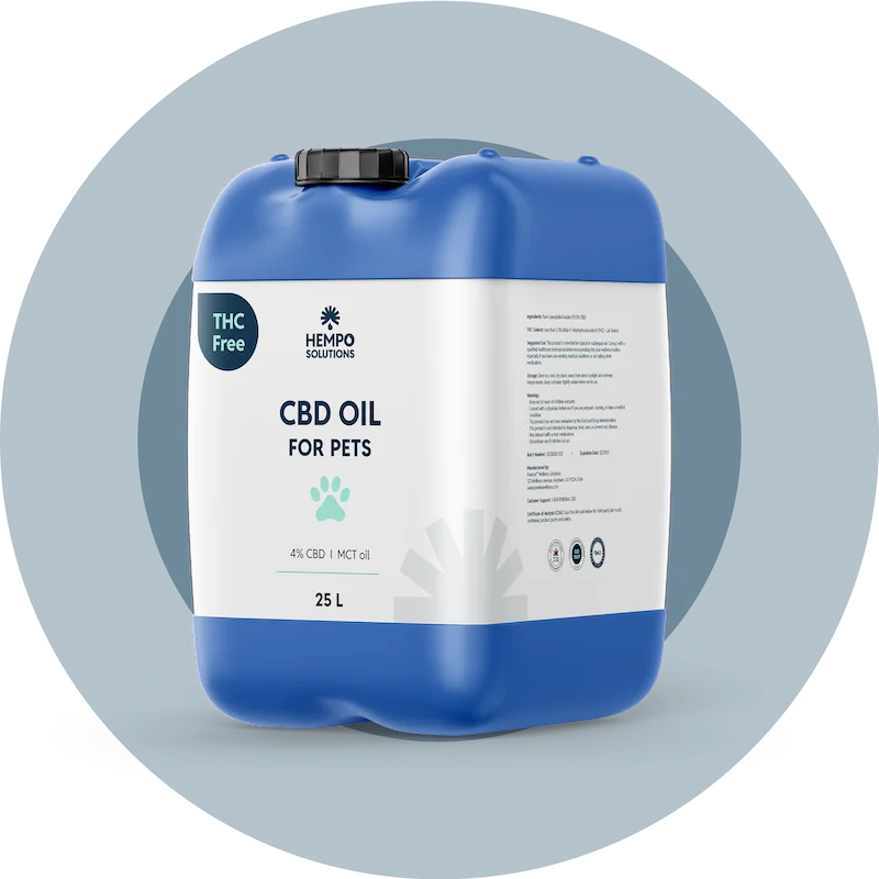 Bulk jug of pet-safe CBD oil with clear, wax-free formula tailored for animal use and easy flavour blending