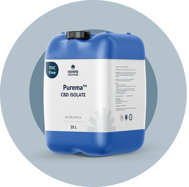 Large plastic jug of Purema CBD isolate tincture for bulk supply, THC-compliant and formulated for consistent integration.