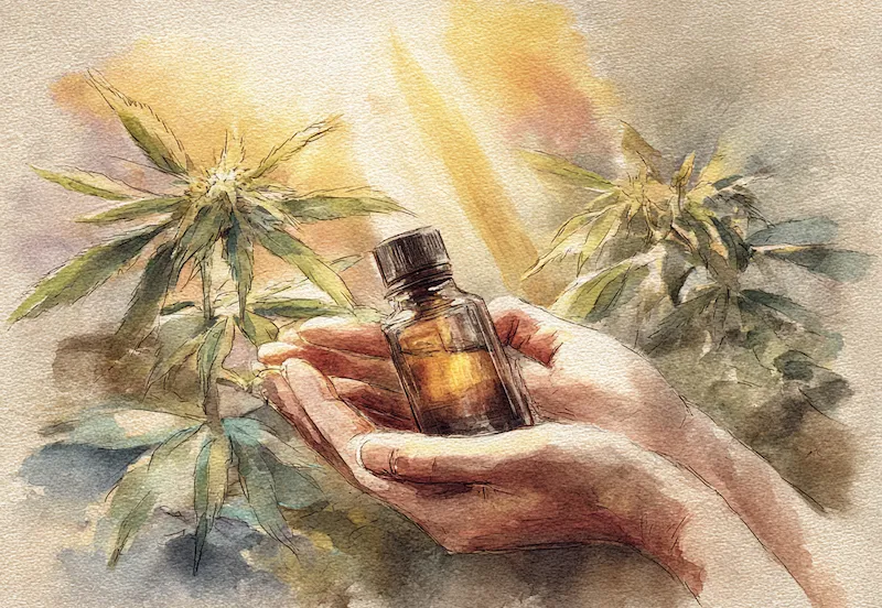 Hands holding CBD oil bottle with hemp plants in sunlight, symbolising natural wellness benefits of cannabidiol
