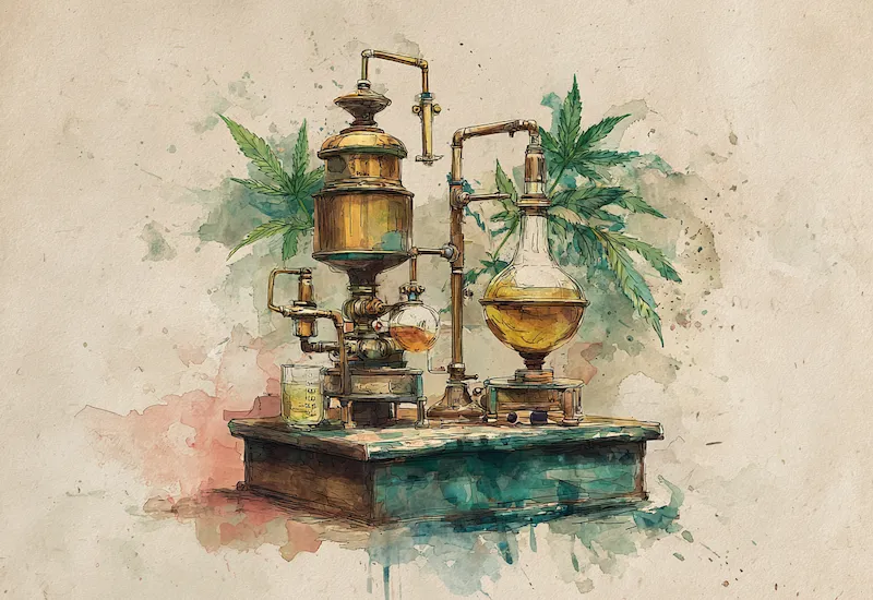 Vintage-style CBD extraction equipment illustrating the dual CO₂ method with hemp leaves in the background — representing efficient cannabinoid and terpene preservation
