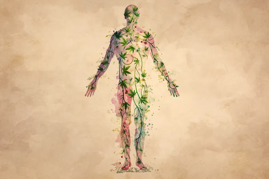 Watercolor illustration of human body overlaid with cannabis leaves and neural pathways, symbolizing CB1 and CB2 receptor interaction in the endocannabinoid system