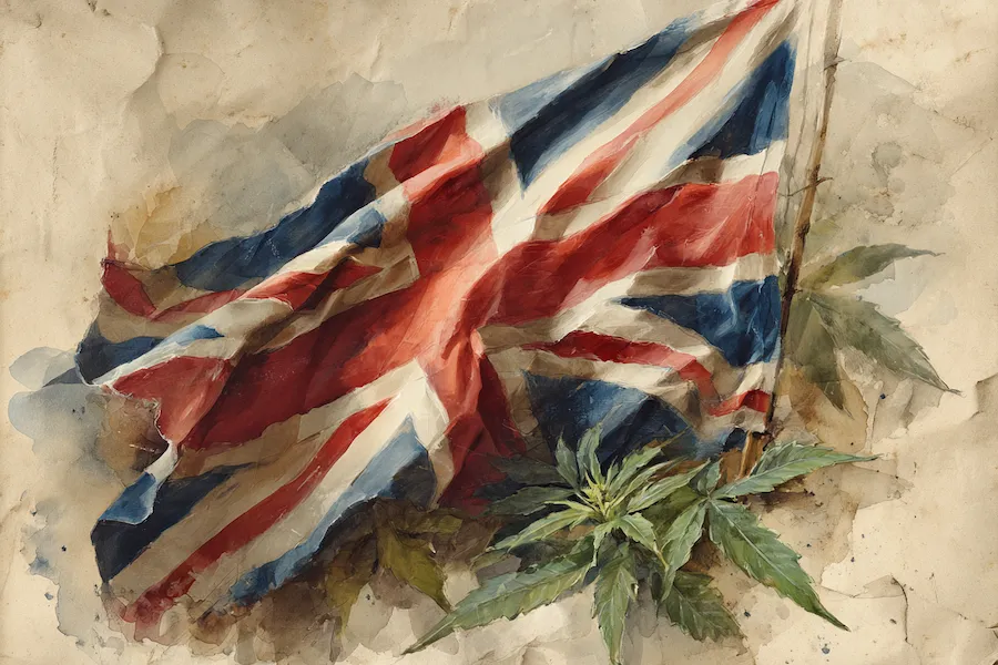 Future trends in UK CBD regulation – British flag with hemp leaves symbolising evolving cannabinoid laws