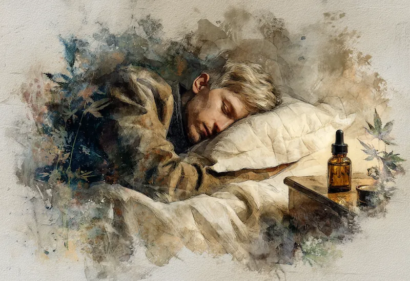 CBD oil for sleep support — watercolour painting of man sleeping peacefully with CBD tincture bottle on bedside table