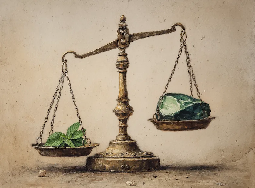 Brass scale with hemp leaves and a rock representing CBD products possible benefits to reduce stress and anxiety