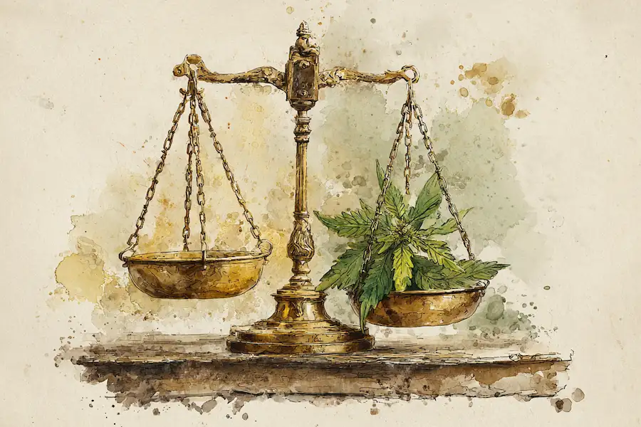 Scales of justice balancing a cannabis plant, symbolizing the ongoing efforts to harmonize CBD regulations across Europe