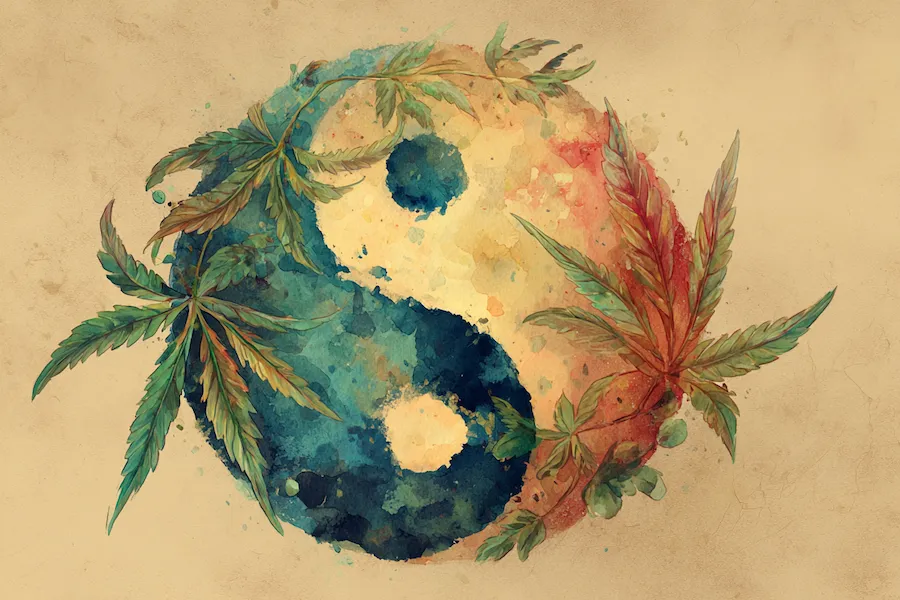 Yin-yang watercolour illustration with cannabis leaves, symbolising cannabinoid, terpene, and flavonoid synergy in the entourage effect