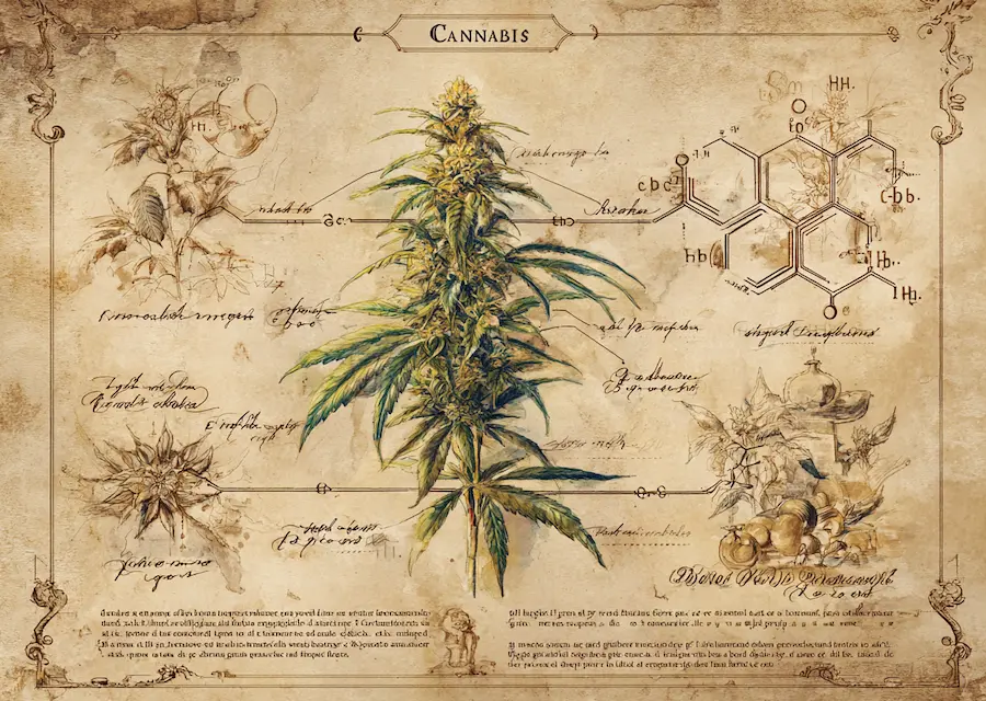 Vintage-style scientific illustration of cannabis plant with cannabinoid molecular structures — visualising the entourage effect and cannabinoid synergy