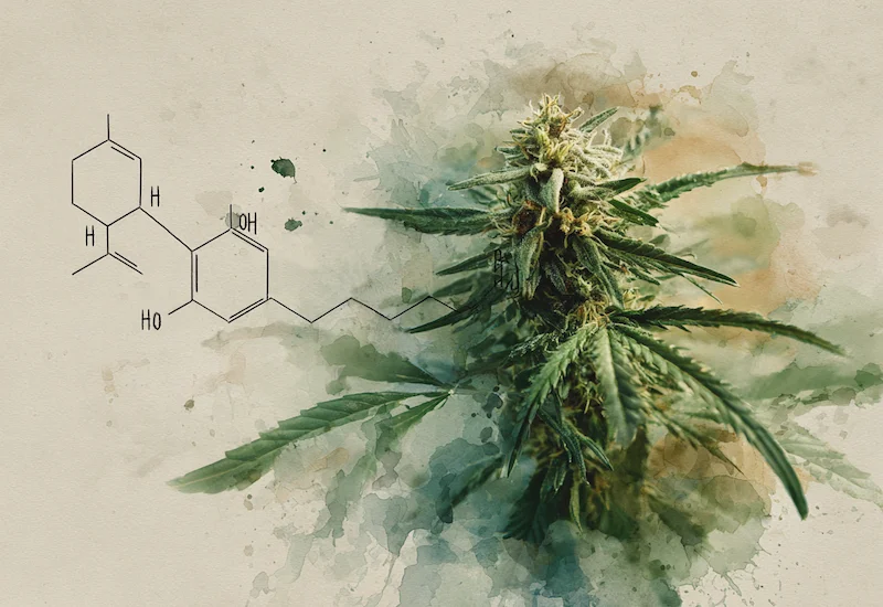 Watercolour illustration of a hemp plant with CBD molecular structure — visual guide to cannabinoids and their role in CBD product formulation