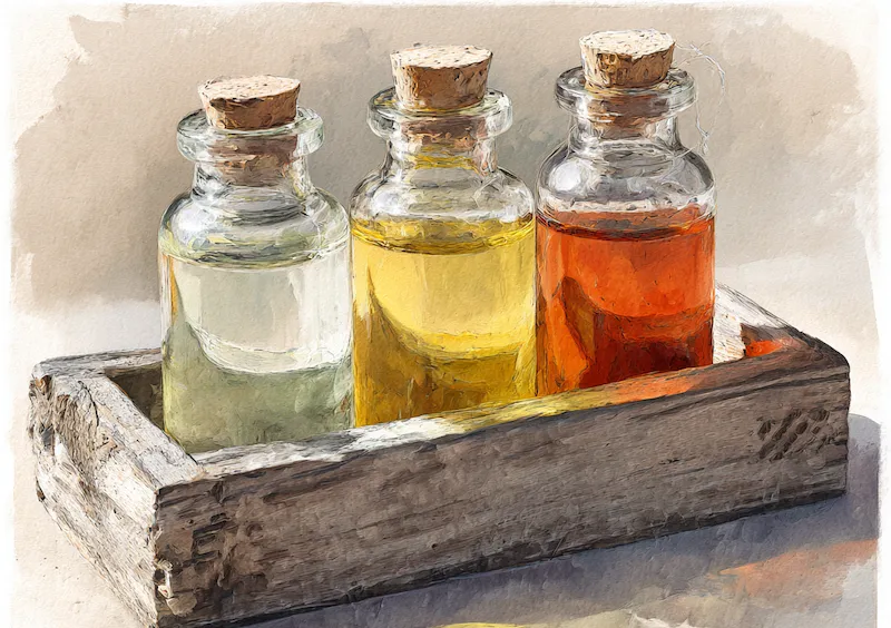 Three glass bottles of CBD oil in varying shades — representing full-spectrum, broad-spectrum, and isolate formulations