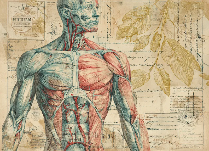 Vintage anatomical illustration of human body highlighting muscle and vascular system — symbolic of how CBD interacts with the endocannabinoid system (ECS)