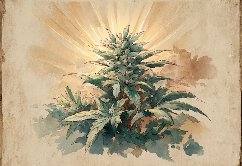 Watercolour illustration of a thriving hemp plant under sunlight, symbolising the entourage effect of cannabinoids, terpenes, and flavonoids working in synergy