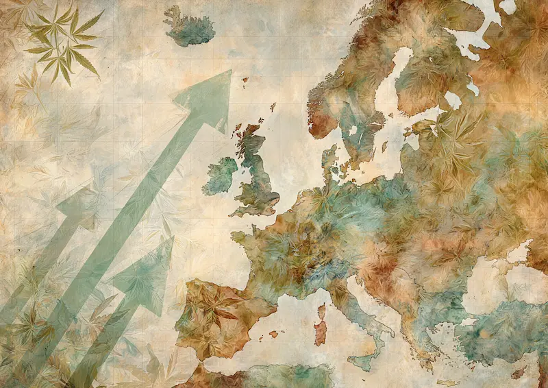 European CBD market growth map with hemp overlay — symbolizing rising trends and opportunities in 2025