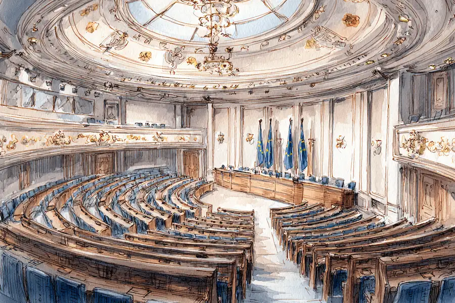 European legislative chamber with EU flags, representing the legal and regulatory framework for CBD and hemp products in Europe