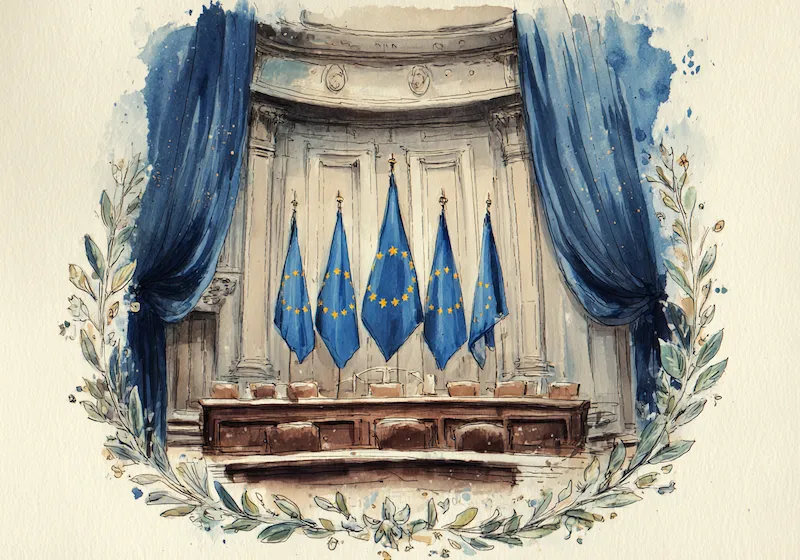 European courtroom scene with EU flags, symbolizing the evolving legal landscape of CBD regulation in Europe