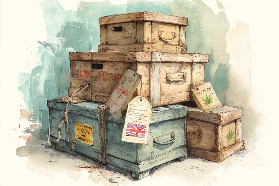 Import and export of CBD in UK – wooden shipping crates with cannabis leaf labels and Brexit documentation
