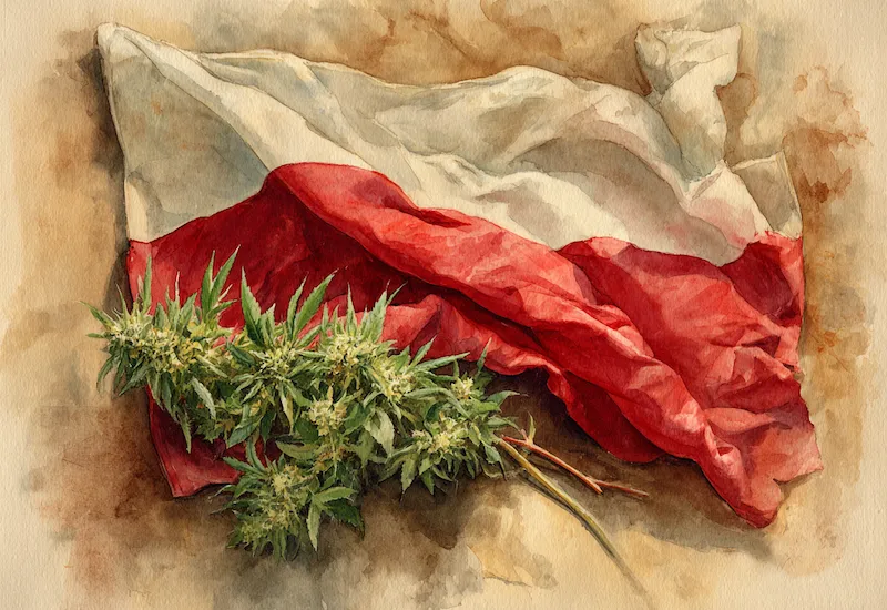Cannabis plant on the Polish flag — symbolizing CBD legality and regulation in Poland