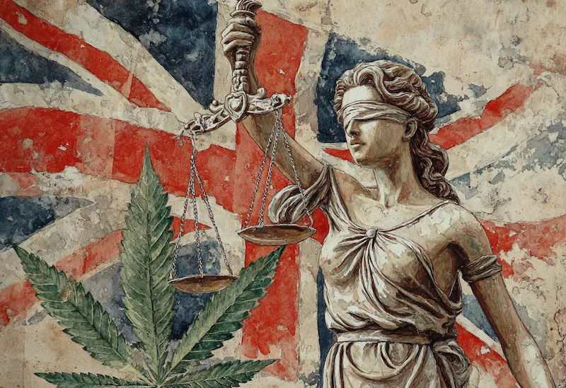 Is CBD legal in UK – Lady Justice with cannabis leaf and Union Jack flag illustrating latest CBD laws
