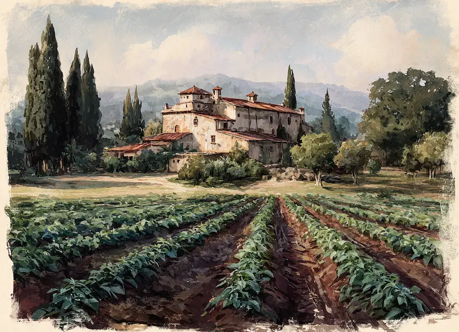 Industrial hemp farm in Spain with traditional Mediterranean farmhouse — representing legal hemp cultivation in Spain