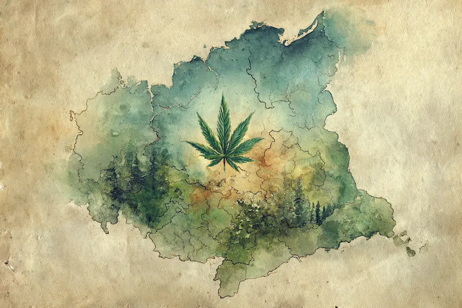 Map of Poland with a hemp leaf overlay — representing legal hemp cultivation and CBD extraction regulations