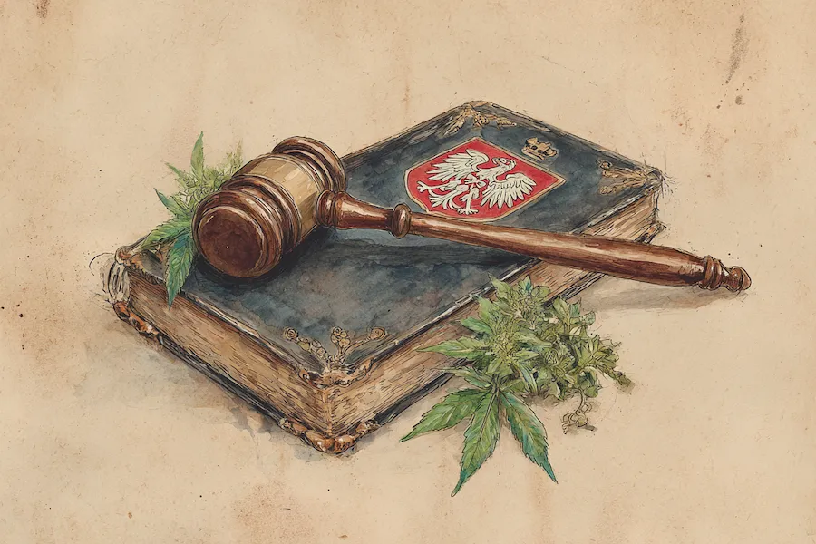 Gavel and Polish legal book with hemp leaves — symbolizing CBD Product regulations and compliance in Poland