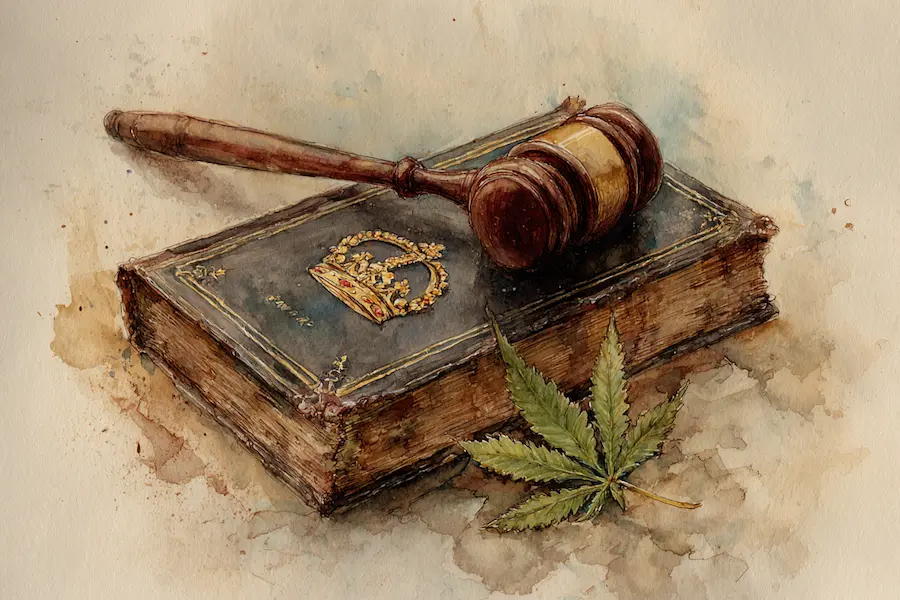 UK CBD product regulations – gavel and legal book with crown and cannabis leaf representing latest CBD regulations
