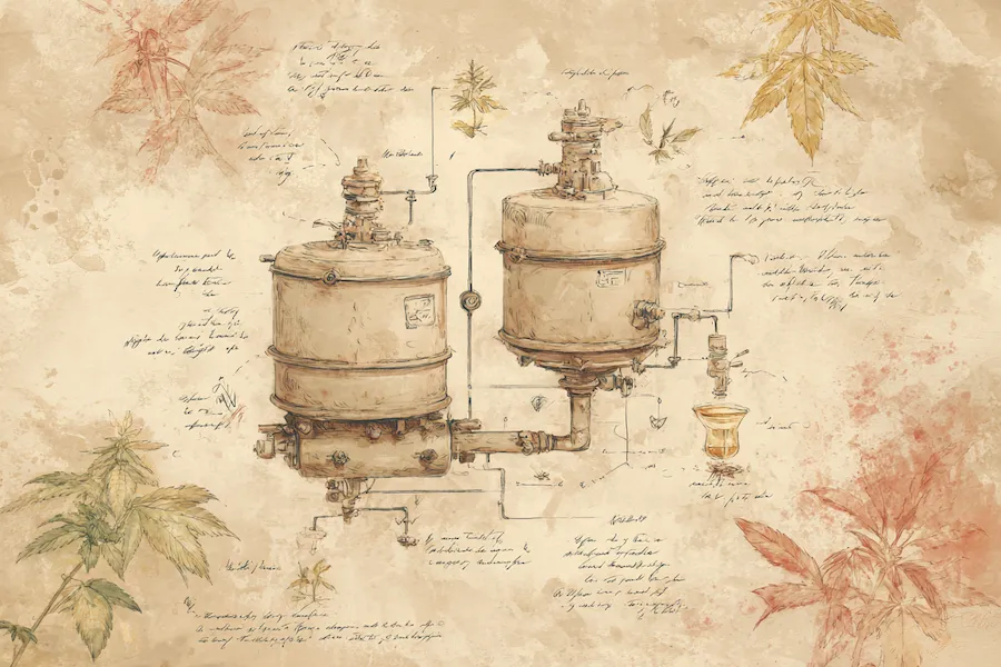 Dual-chamber CO₂ extraction system illustrated with technical sketches and hemp leaves — representing subcritical and supercritical stages in CBD extraction