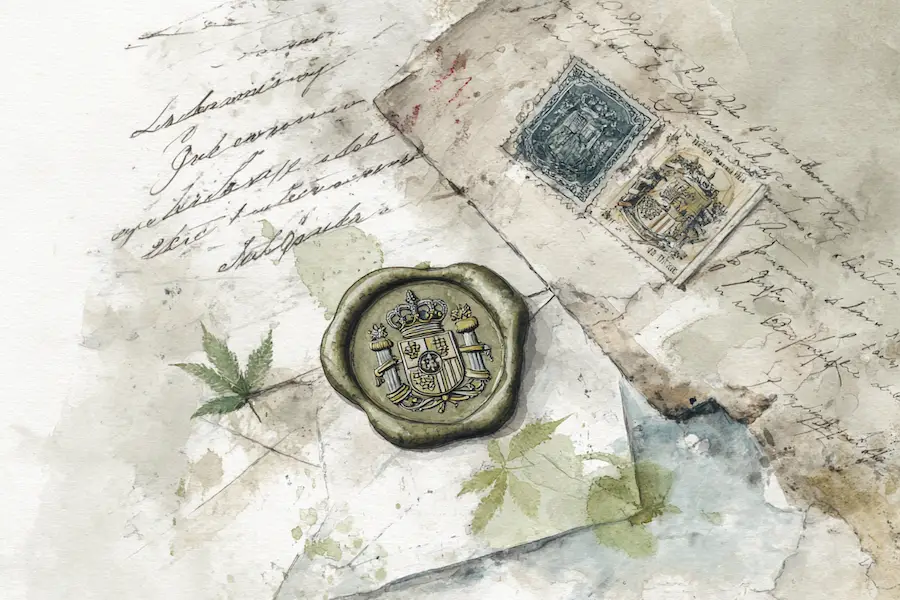 Official Spanish government seal on vintage documents with hemp leaves — symbolizing CBD regulatory restrictions in Spain