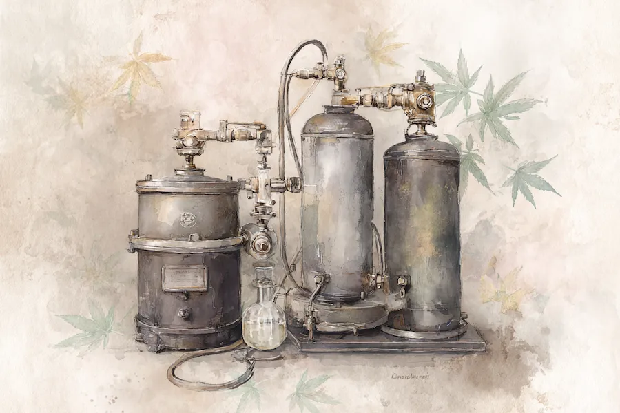 Vintage-style CBD extraction system using supercritical CO₂ method, shown with pressure tanks and hemp leaves — representing high-efficiency cannabinoid extraction