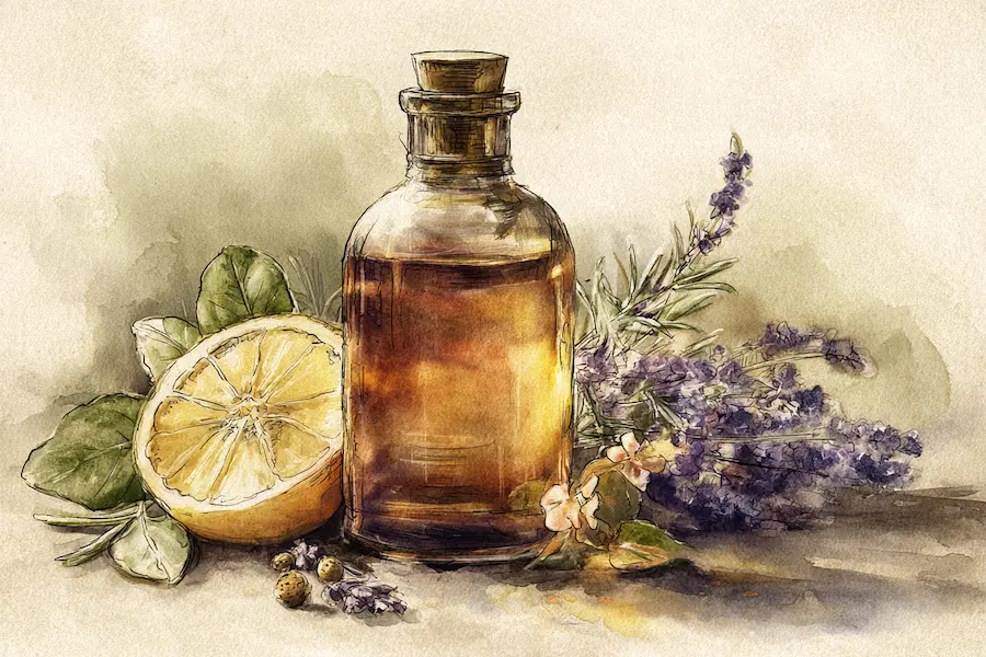 Amber CBD oil bottle with lemon, lavender, and herbs — symbolising terpene-rich full-spectrum formulations and entourage effect potential