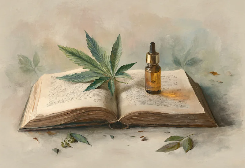 CBD oil dropper bottle and hemp leaf resting on an open book — representing knowledge and education about cannabidiol