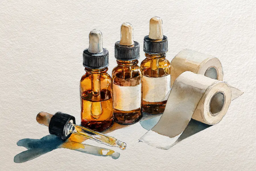 CBD dropper bottles with blank white labels and label rolls — watercolour illustration representing white label CBD products