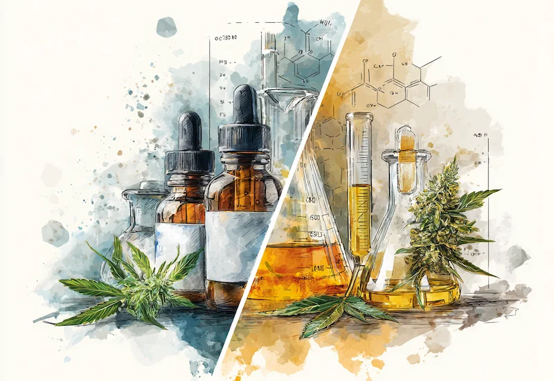 Comparison of white label and private label CBD product development — tincture bottles and cannabis extracts with lab equipment in watercolour style