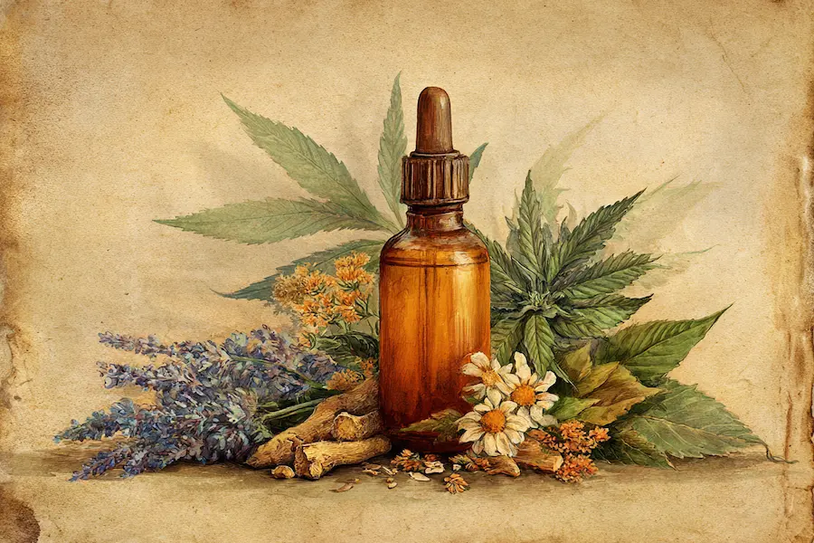 CBD oil bottle surrounded by lavender, chamomile, valerian root, and hemp leaves — natural ingredients commonly used for sleep-enhancing CBD formulations